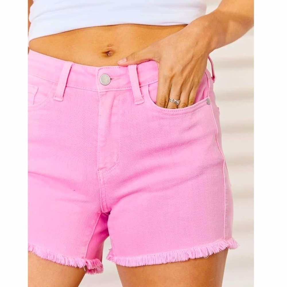 Pink Judy Blue Full Size High Waist Fray Hem Denim Shorts